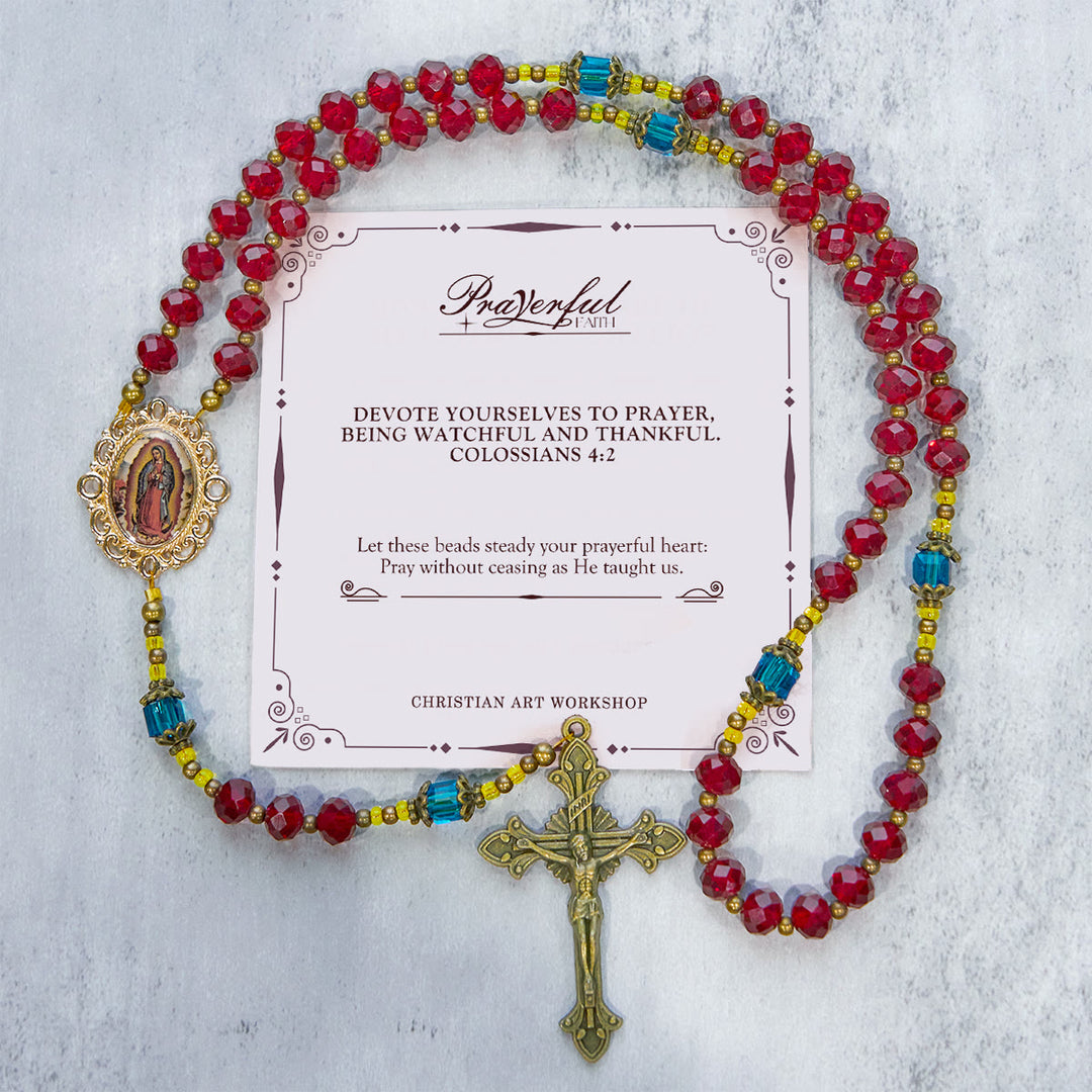 Christianartworkshop GEBETSVOLLER GLAUBE: Handgefertigter Rosenkranz aus rotem Kristall, böhmisches tschechisches Glas, mit Geschenkkarte - GEBETSVOLLER GLAUBE - image 1