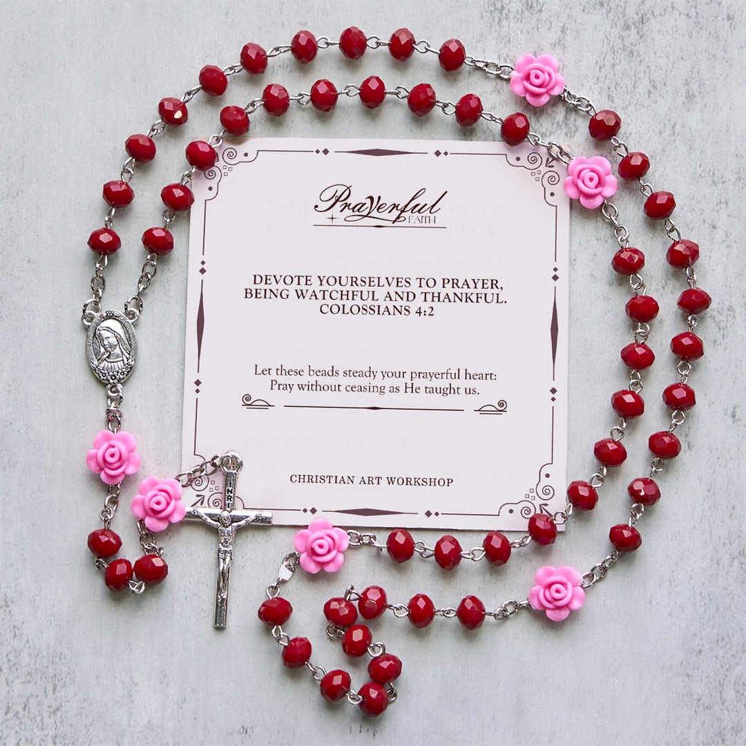 Christianartworkshop GEBETSVOLLER GLAUBE: Rosenkranz mit floralen Rosenperlen, mehrfarbig, polyedrischer Rosenkranz mit Geschenkkarte - Rot - image 2