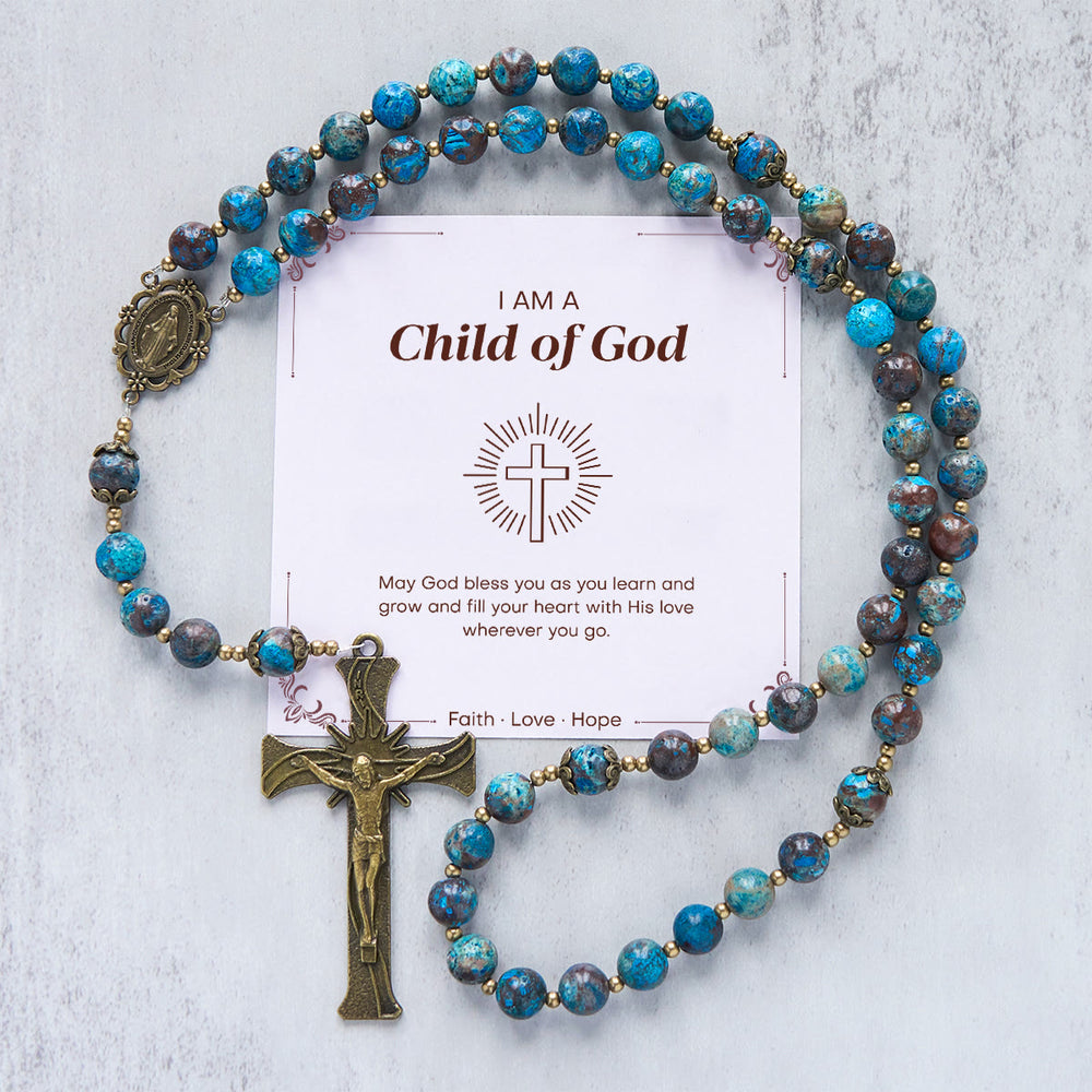 Christianartworkshop „Jesus ist das Geschenk“: Blaue Perlen mit Muster, handgefertigter Rosenkranz aus echtem Larimar-Stein - Kind Gottes - image 2
