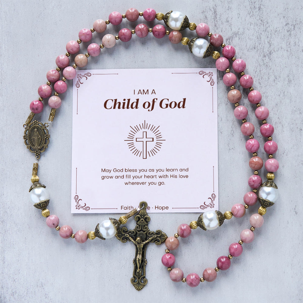 Christianartworkshop Jesus ist das Geschenk: Natürlicher roter Holzaderstein, handgefertigter Rosenkranz mit Geschenkkarte - Kind Gottes - image 2