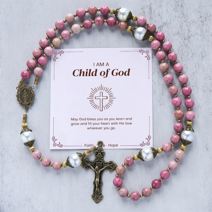 Christianartworkshop Jesus ist das Geschenk: Natürlicher roter Holzaderstein, handgefertigter Rosenkranz mit Geschenkkarte - Kind Gottes - image 2
