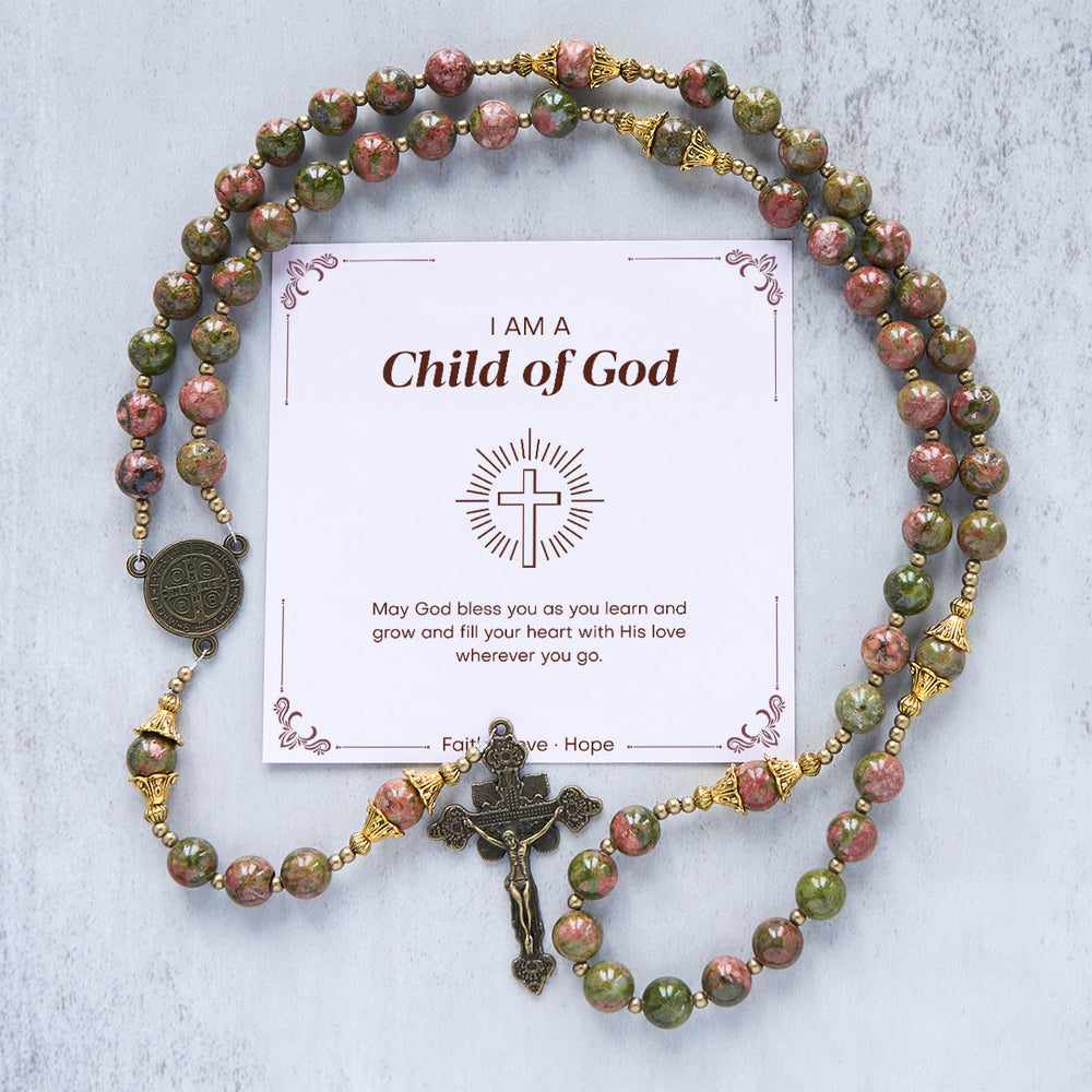 Christianartworkshop „Jesus ist das Geschenk“: Handgefertigter Rosenkranz aus Chrysokoll-Stein mit Geschenkkarte - Kind Gottes - image 2