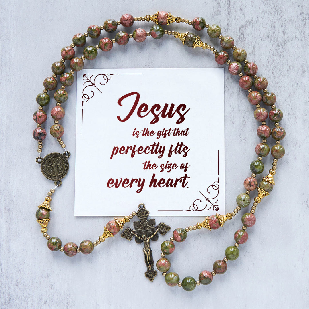 Christianartworkshop „Jesus ist das Geschenk“: Handgefertigter Rosenkranz aus Chrysokoll-Stein mit Geschenkkarte - Jesus ist das Geschenk - image 1