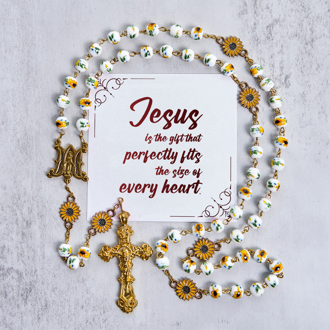 Christianartworkshop Jesus ist das Geschenk: Handgefertigter Rosenkranz mit gelben Blumen im Sonnenblumen-Stil und Geschenkkarte - Jesus ist das Geschenk - image 1