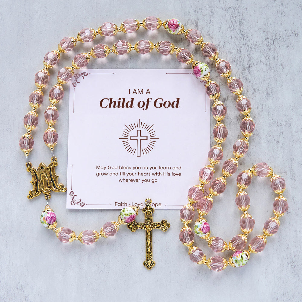 Christianartworkshop „Jesus ist das Geschenk“: Kruzifix aus rosa Kristallperlen und Rosenkranz der Jungfrau Maria mit Geschenkkarte - Kind Gottes - image 2