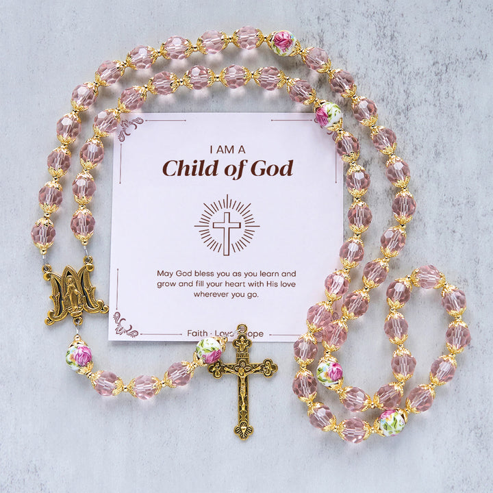 Christianartworkshop „Jesus ist das Geschenk“: Kruzifix aus rosa Kristallperlen und Rosenkranz der Jungfrau Maria mit Geschenkkarte - Kind Gottes - image 2