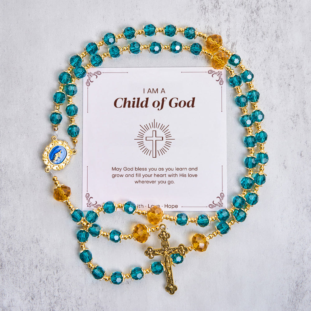 Christianartworkshop Jesus ist das Geschenk: Handgefertigter Rosenkranz aus pfauenblauen Kristallperlen mit Geschenkkarte - Kind Gottes - image 2