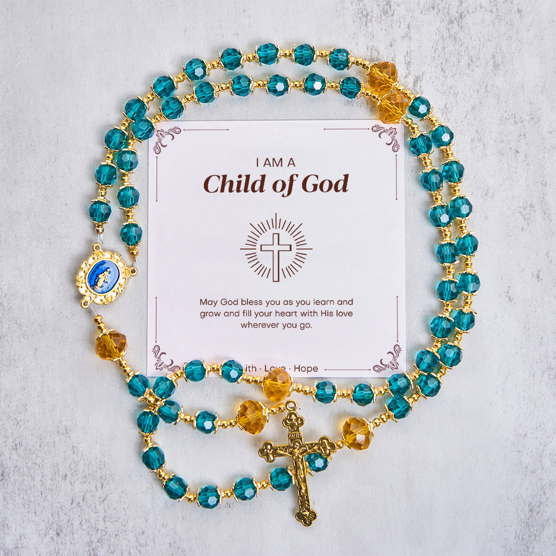 Christianartworkshop Jesus ist das Geschenk: Handgefertigter Rosenkranz aus pfauenblauen Kristallperlen mit Geschenkkarte - Kind Gottes - image 2