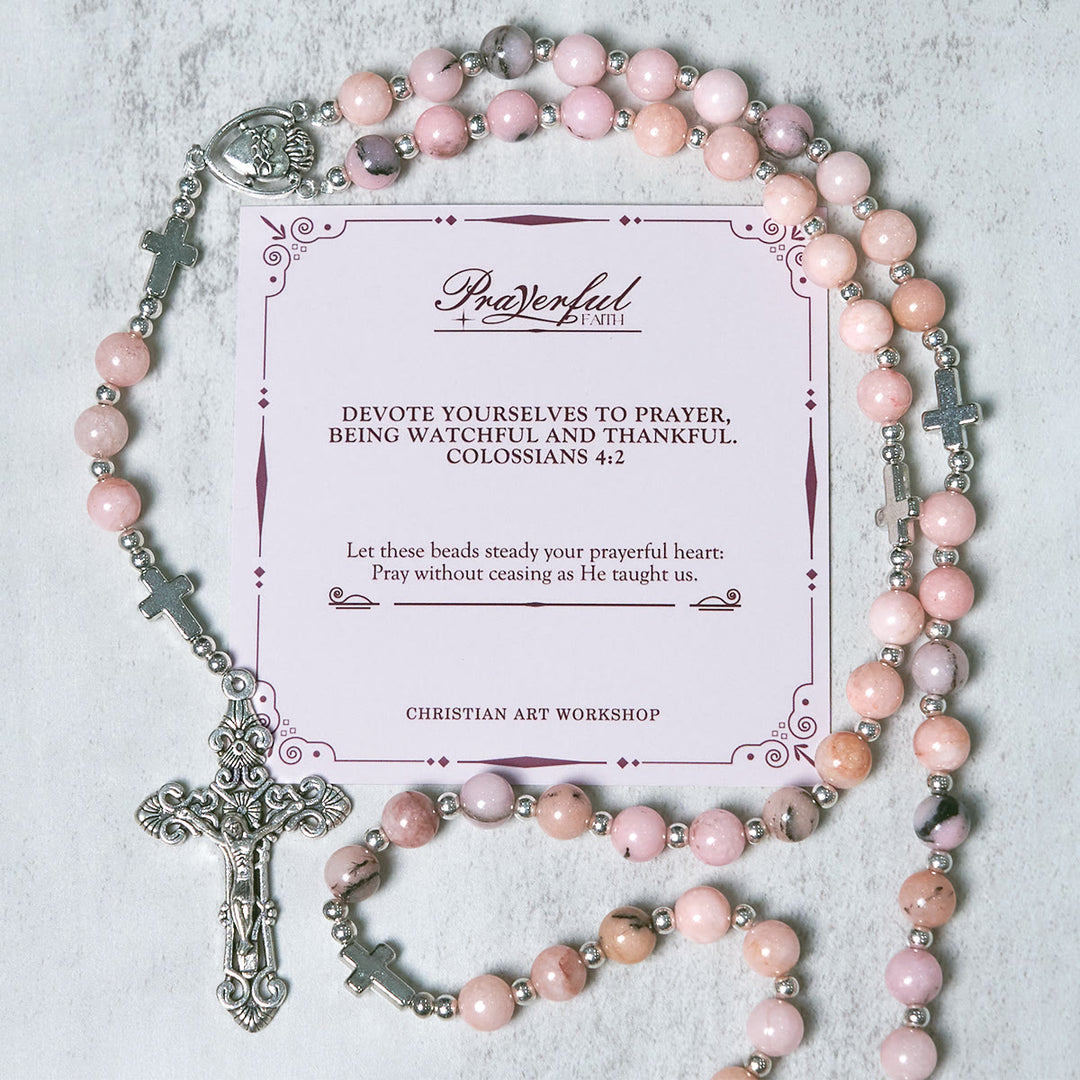 Christianartworkshop GEBETSVOLLER GLAUBE: Handgefertigter Rosenkranz aus rosa runden Perlen mit Geschenkkarte - GEBETSVOLLER GLAUBE - image 1