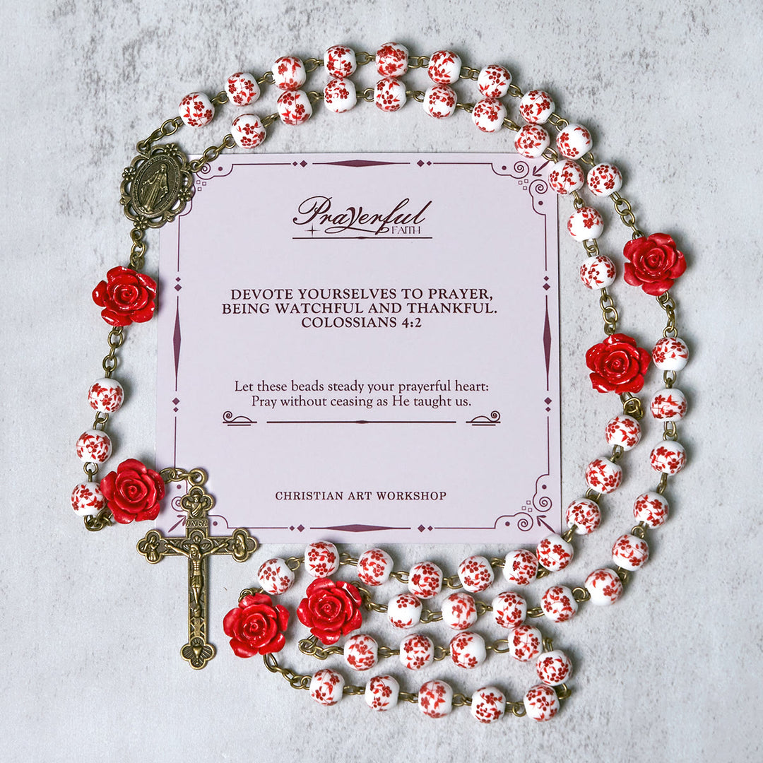 Christianartworkshop GEBETSVOLLER GLAUBE: Handgefertigter Rosenkranz aus Zinnoberperlen mit Geschenkkarte - GEBETSVOLLER GLAUBE - image 1