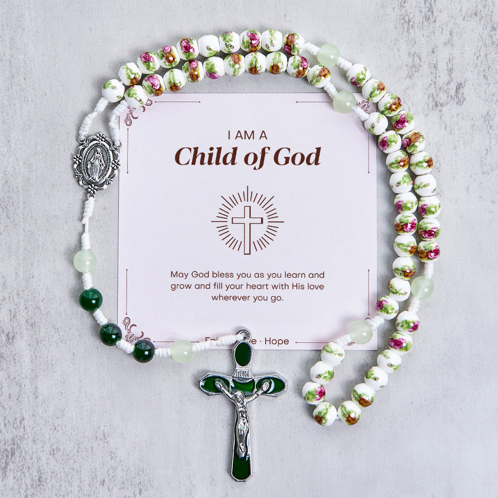 Christianartworkshop „Jesus ist das Geschenk“: Handgefertigter Rosenkranz mit Blumen und Rosenperlen und Geschenkkarte - Kind Gottes - image 2