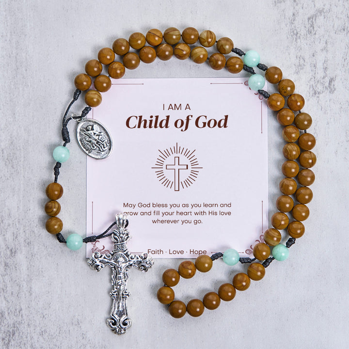 Christianartworkshop GEBETSVOLLER GLAUBE: Minimalistischer Rosenkranz aus Mint- und Braunperlen mit Geschenkkarte - Kind Gottes - image 2