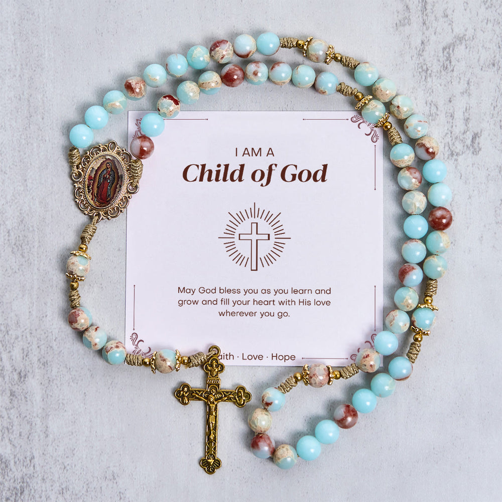 Christianartworkshop GEBETSVOLLER GLAUBE: Handgefertigter Gebetsrosenkranz aus Aquasteinen mit Geschenkkarte - Kind Gottes - image 2