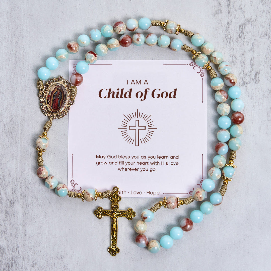 Christianartworkshop GEBETSVOLLER GLAUBE: Handgefertigter Gebetsrosenkranz aus Aquasteinen mit Geschenkkarte - Kind Gottes - image 2