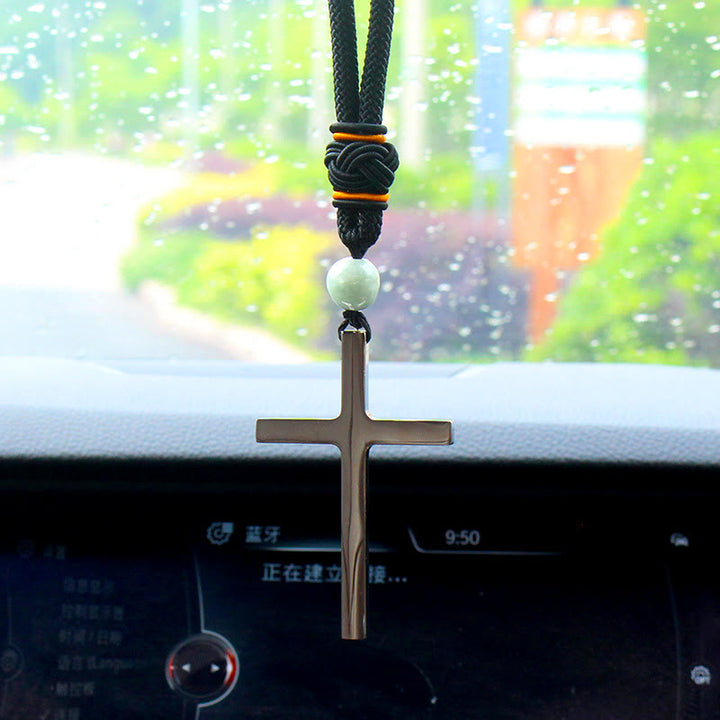 Christianartworkshop Minimalistischer dreifarbiger Kreuz-Autoanhänger: Spirituelle Sicherheit auf der Straße - Silbernes Kreuz - Schwarze Kordel - image 3
