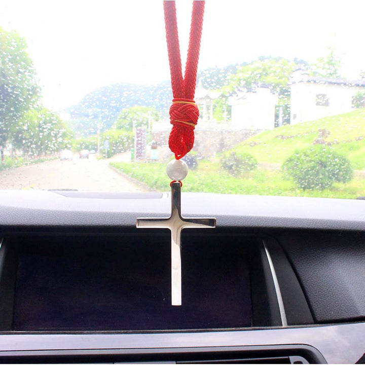 Christianartworkshop Minimalistischer dreifarbiger Kreuz-Autoanhänger: Spirituelle Sicherheit auf der Straße - Silbernes Kreuz - Rote Kordel - image 1