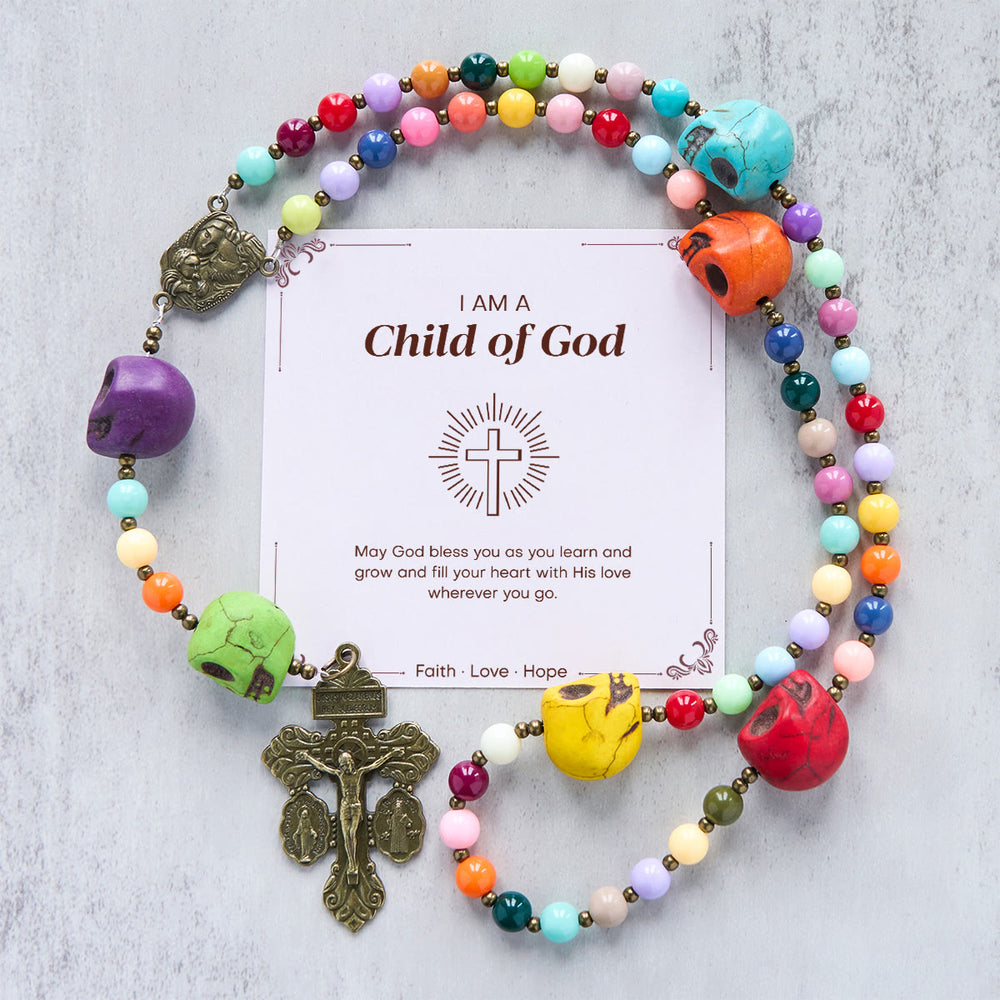 Christianartworkshop GEBETSVOLLER GLAUBE: Rosenkranz mit Totenkopfperlen im böhmischen Stil, mehrfarbig, mit Geschenkkarte - Kind Gottes - image 2