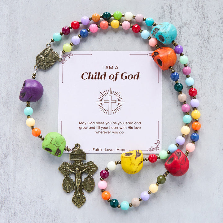 Christianartworkshop GEBETSVOLLER GLAUBE: Rosenkranz mit Totenkopfperlen im böhmischen Stil, mehrfarbig, mit Geschenkkarte - Kind Gottes - image 2