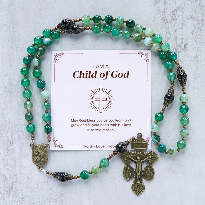 Christianartworkshop GEBETSVOLLER GLAUBE: Handgefertigter, exquisiter Rosenkranz aus grünem Achat mit Geschenkkarte - Kind Gottes - image 2