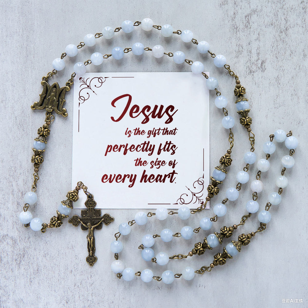 Christianartworkshop GEBETSVOLLER GLAUBE: Handgefertigter Rosenkranz mit hellblauen Jadeperlen und Messing mit Geschenkkarte - Jesus ist das Geschenk - image 2