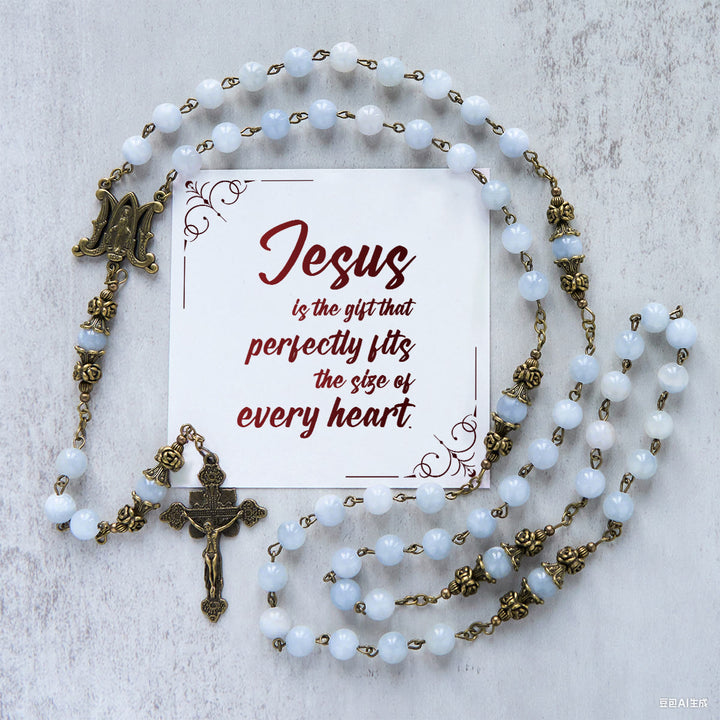 Christianartworkshop GEBETSVOLLER GLAUBE: Handgefertigter Rosenkranz mit hellblauen Jadeperlen und Messing mit Geschenkkarte - Jesus ist das Geschenk - image 2