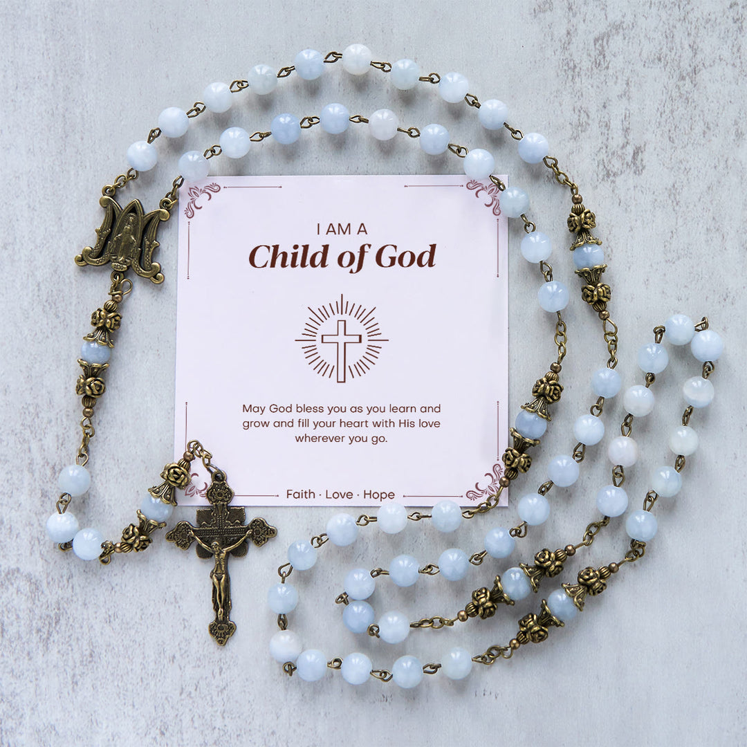 Christianartworkshop GEBETSVOLLER GLAUBE: Handgefertigter Rosenkranz mit hellblauen Jadeperlen und Messing mit Geschenkkarte - Kind Gottes - image 3
