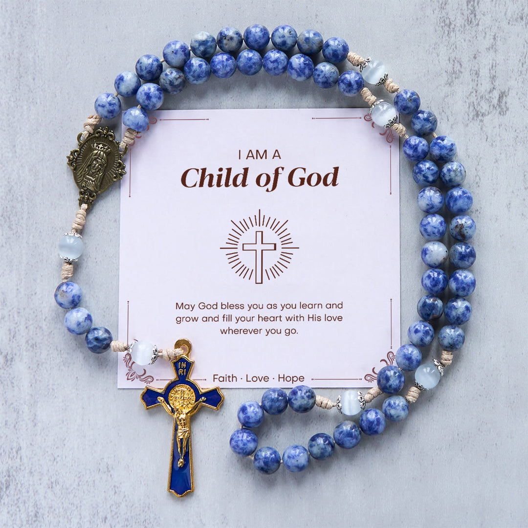 Christianartworkshop GEBETSVOLLER GLAUBE: Runder Rosenkranz aus Nylonschnur mit blauem Stein und Geschenkkarte - Kind Gottes - image 4