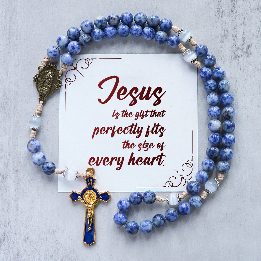 Christianartworkshop GEBETSVOLLER GLAUBE: Runder Rosenkranz aus Nylonschnur mit blauem Stein und Geschenkkarte - Jesus ist das Geschenk - image 3