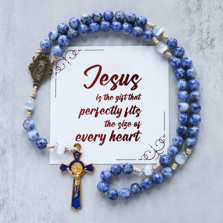 Christianartworkshop GEBETSVOLLER GLAUBE: Runder Rosenkranz aus Nylonschnur mit blauem Stein und Geschenkkarte - Jesus ist das Geschenk - image 3