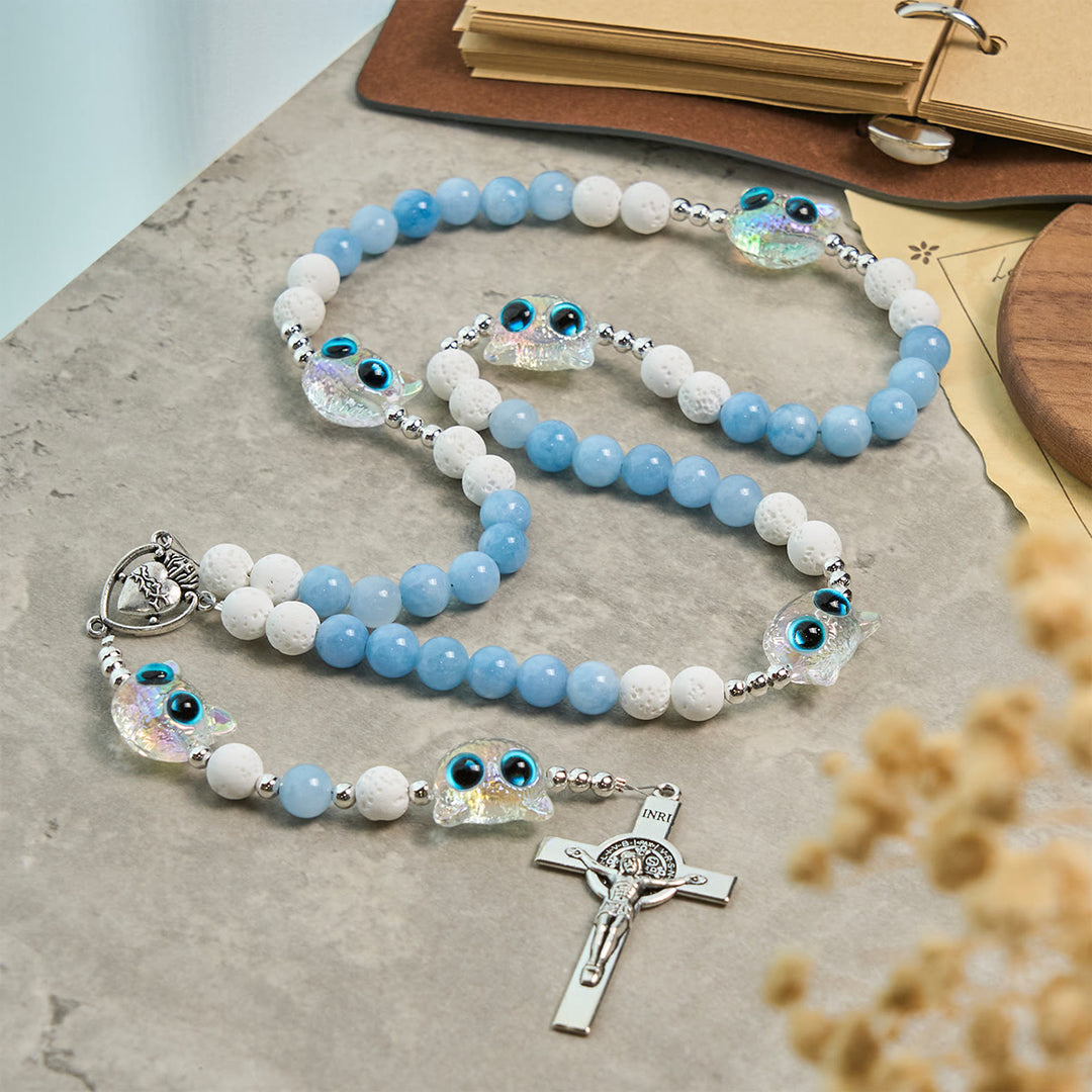 Christianartworkshop Aquamarin & weißer Lavastein mit Katzenrosenkranz aus Glas: Gedenken Sie Ihrem Haustier, beten Sie für die Liebe - Katzenrosenkranz - image 1