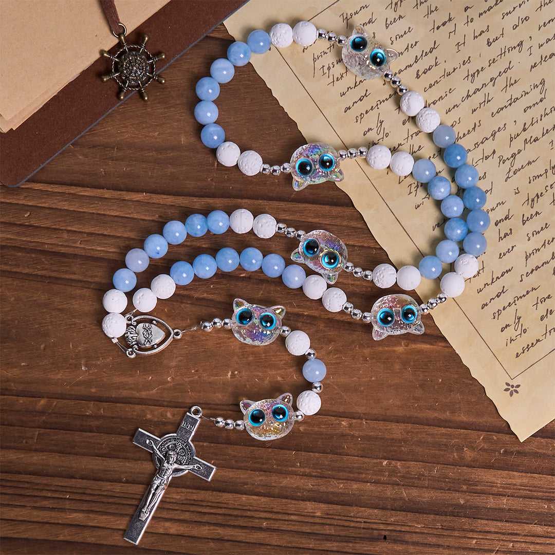 Christianartworkshop Aquamarin & weißer Lavastein mit Katzenrosenkranz aus Glas: Gedenken Sie Ihrem Haustier, beten Sie für die Liebe - image 5