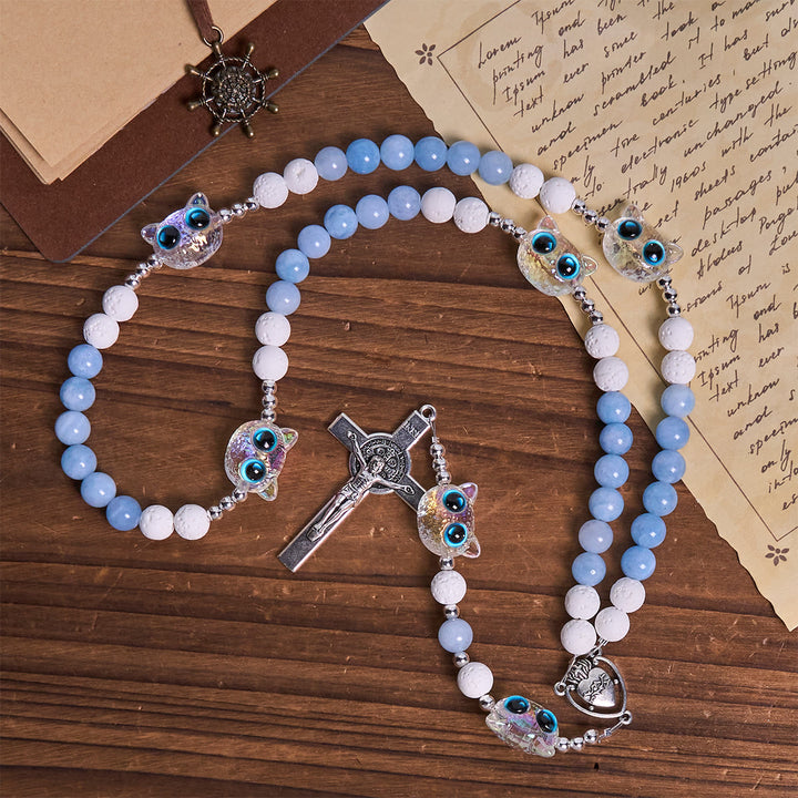 Christianartworkshop Aquamarin & weißer Lavastein mit Katzenrosenkranz aus Glas: Gedenken Sie Ihrem Haustier, beten Sie für die Liebe - image 6