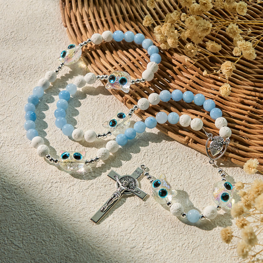 Christianartworkshop Aquamarin & weißer Lavastein mit Katzenrosenkranz aus Glas: Gedenken Sie Ihrem Haustier, beten Sie für die Liebe - image 3