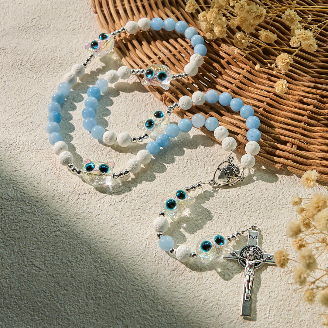 Christianartworkshop Aquamarin & weißer Lavastein mit Katzenrosenkranz aus Glas: Gedenken Sie Ihrem Haustier, beten Sie für die Liebe - image 4