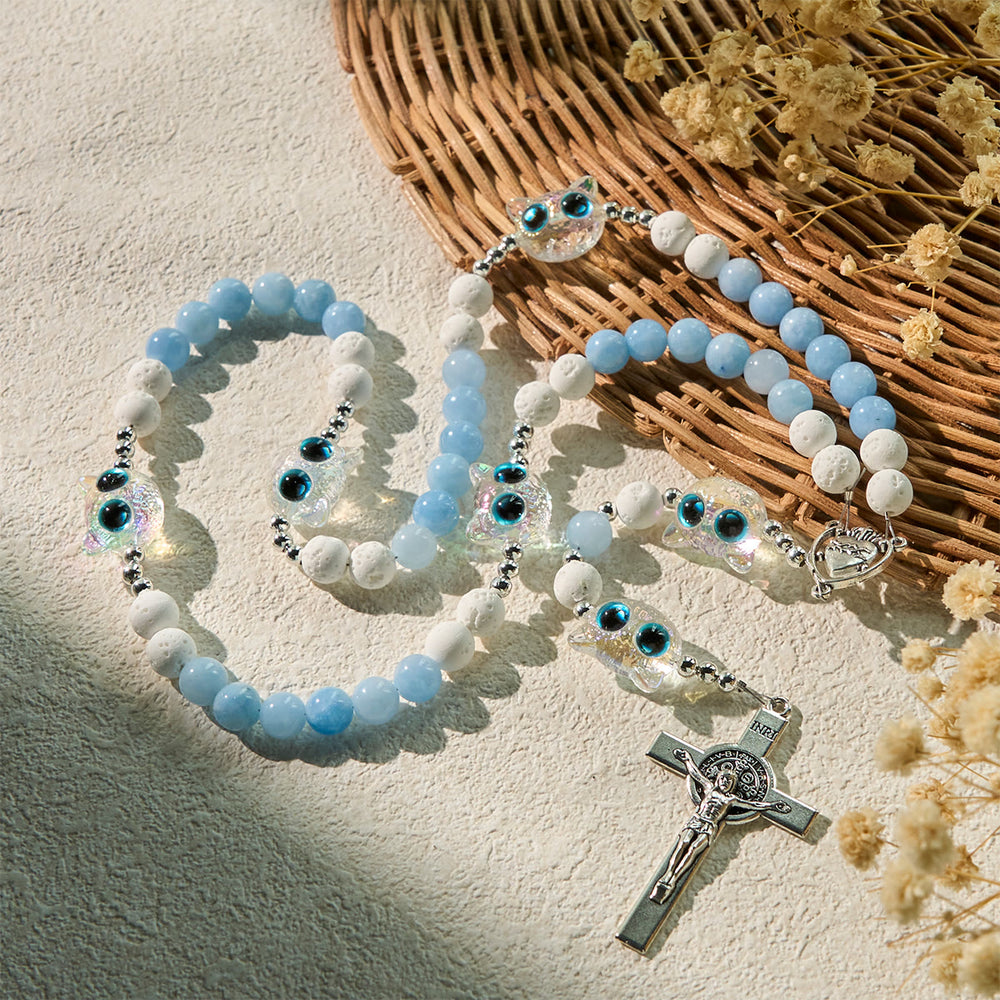 Christianartworkshop Aquamarin & weißer Lavastein mit Katzenrosenkranz aus Glas: Gedenken Sie Ihrem Haustier, beten Sie für die Liebe - image 2
