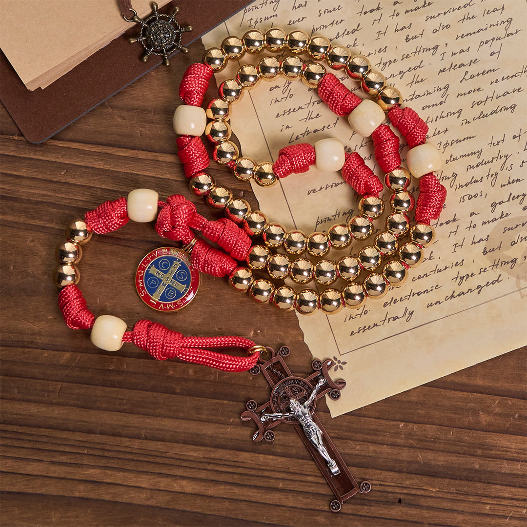 Christianartworkshop Golden Glory Beads Roter Paracord-Rosenkranz mit St. Benedikt - St. Benedikt & Kruzifix - image 0