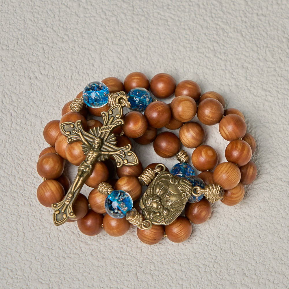Christianartworkshop Rustikaler Rosenkranz aus Thuja-Holz und Ozeanblau mit Führung und Segen der Heiligen Familie - image 2