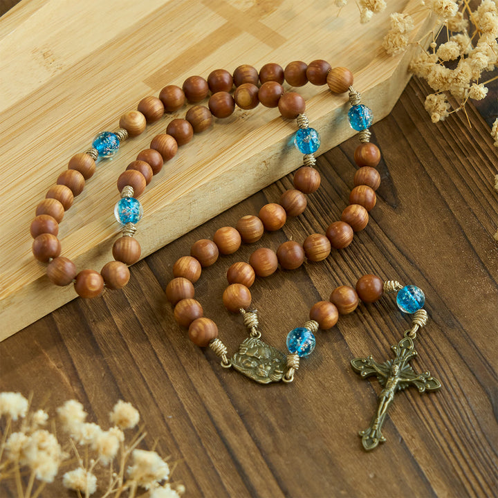 Christianartworkshop Rustikaler Rosenkranz aus Thuja-Holz und Ozeanblau mit Führung und Segen der Heiligen Familie - image 6