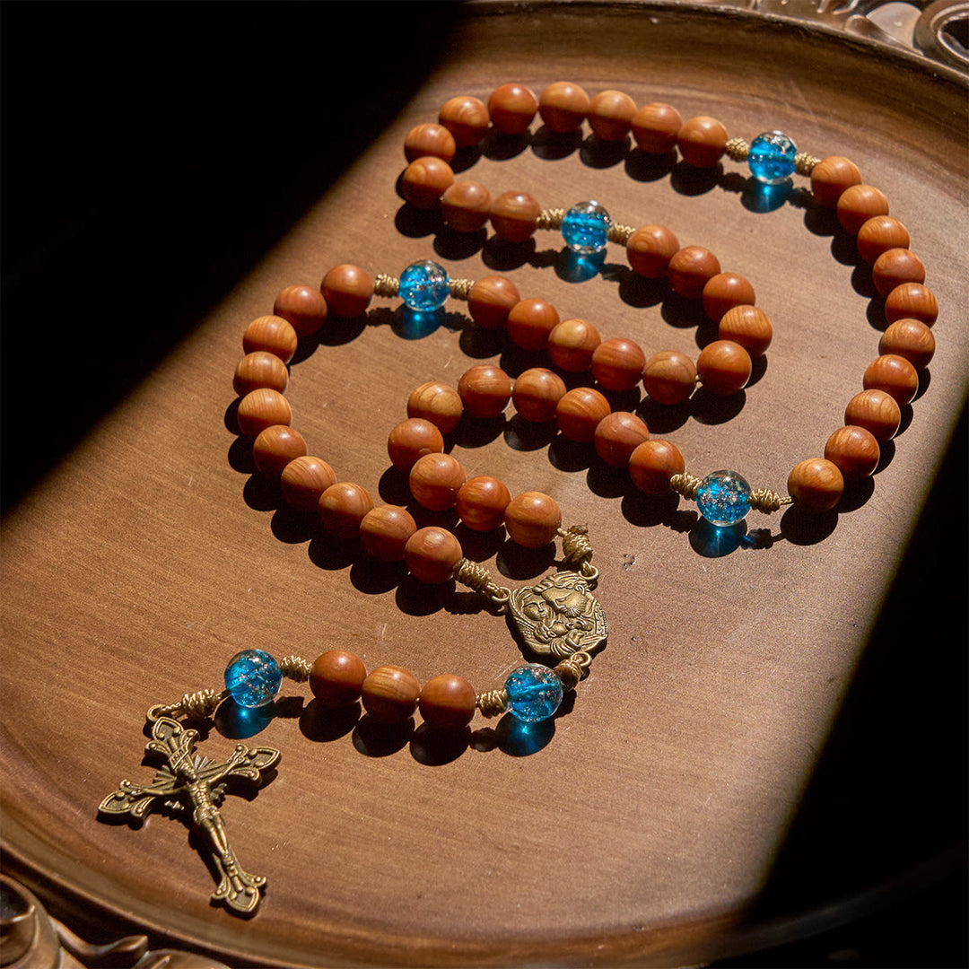 Christianartworkshop Rustikaler Rosenkranz aus Thuja-Holz und Ozeanblau mit Führung und Segen der Heiligen Familie - Heilige Familie - image 1
