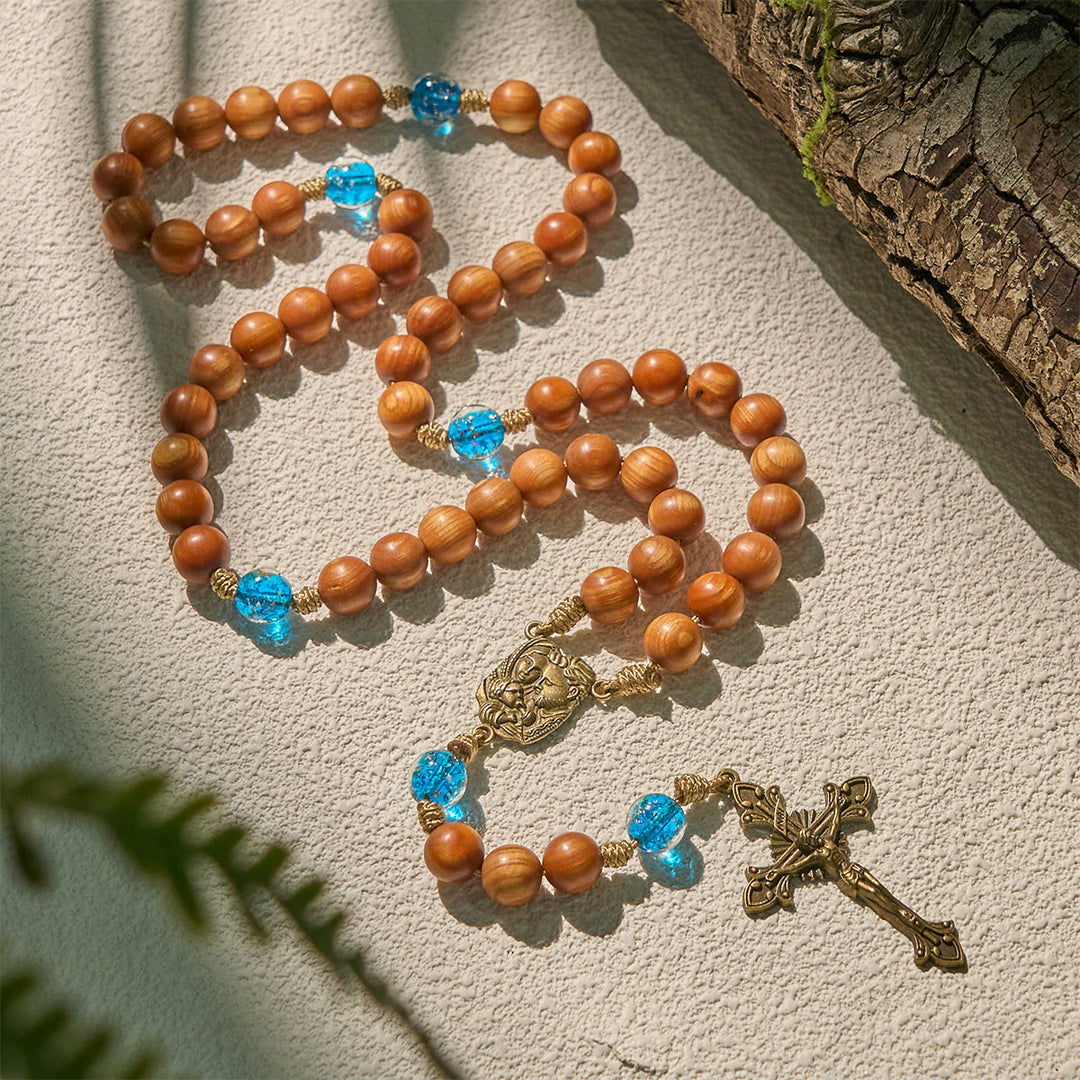 Christianartworkshop Rustikaler Rosenkranz aus Thuja-Holz und Ozeanblau mit Führung und Segen der Heiligen Familie - image 3