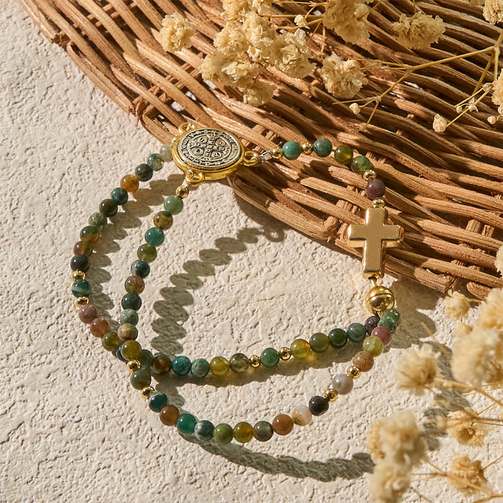 Christianartworkshop Handgefertigte Rosenkranz-Armbänder in Erdtönen mit Kreuz und St. Benedikt-Anhänger - image 4