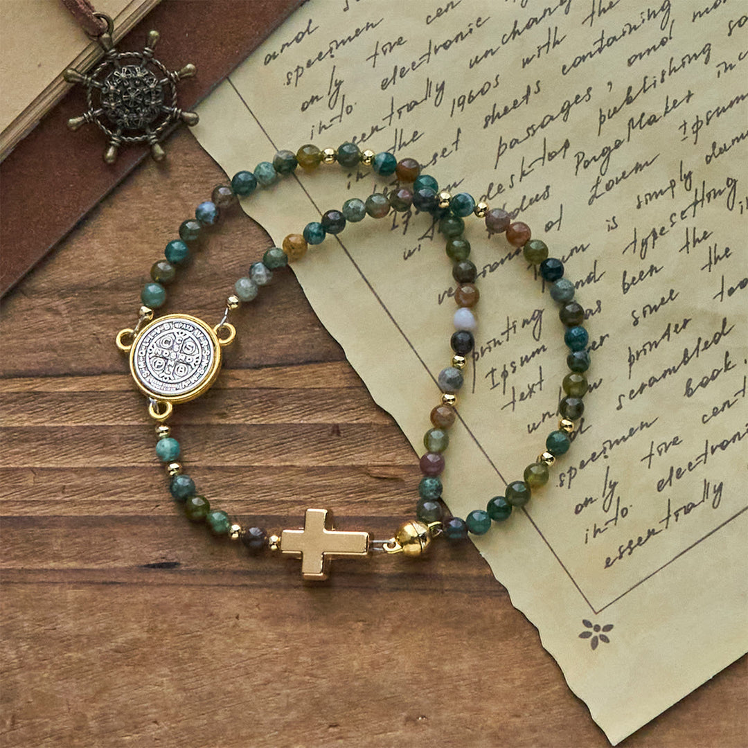 Christianartworkshop Handgefertigte Rosenkranz-Armbänder in Erdtönen mit Kreuz und St. Benedikt-Anhänger - St. Benedikt & Kreuz - image 0