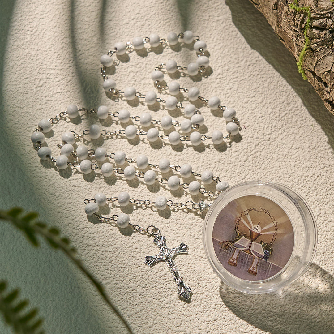 Christianartworkshop Göttlicher Rosenkranz aus Holz für die Kommunion, Heiliger Kelch, Weiß, mit Geschenkbox-Paket - image 3