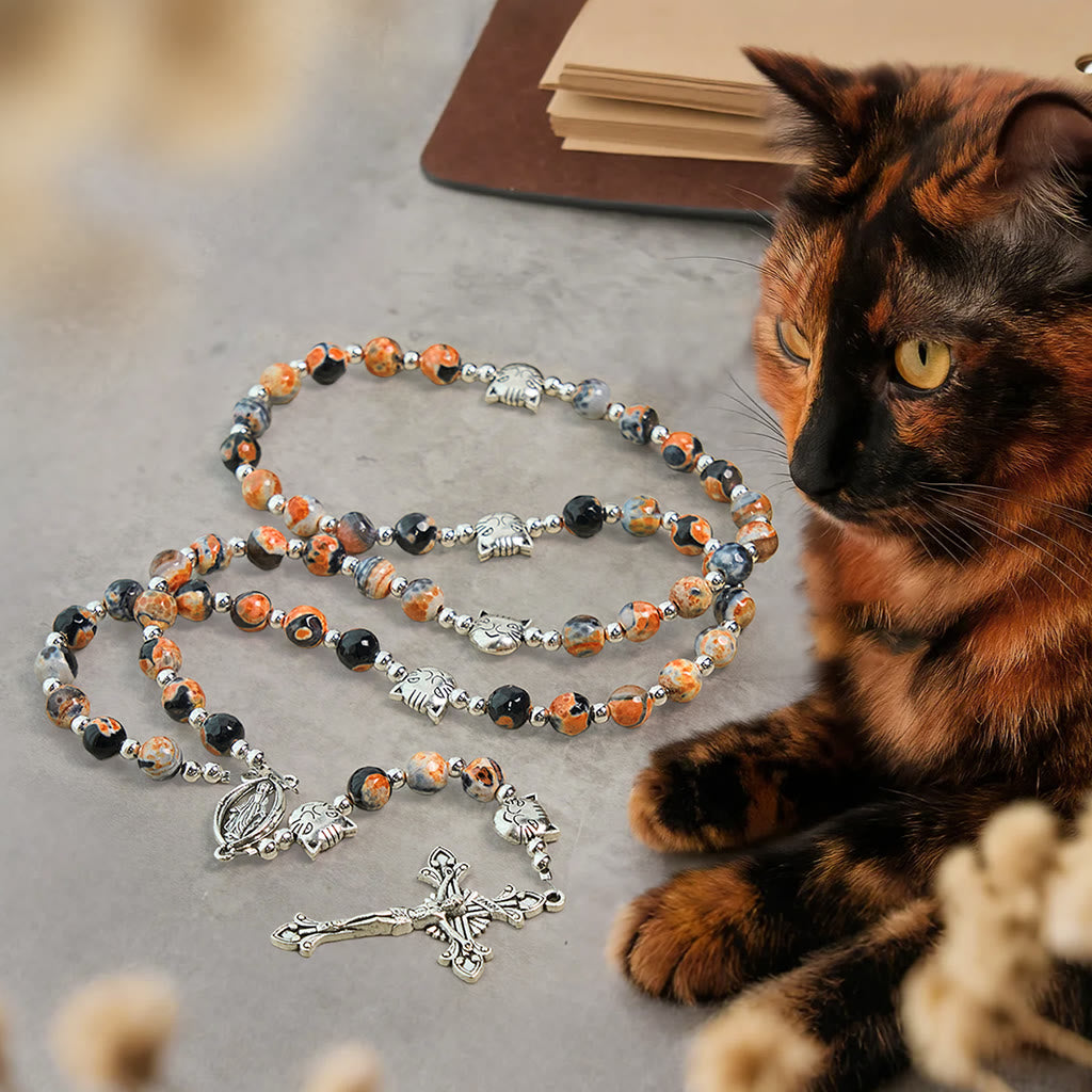Christianartworkshop Calico Cat Pray Rosenkranz & Armbänder Gedenkset aus künstlichen Marmorierungs-Achatperlen - Rosenkranz - image 1