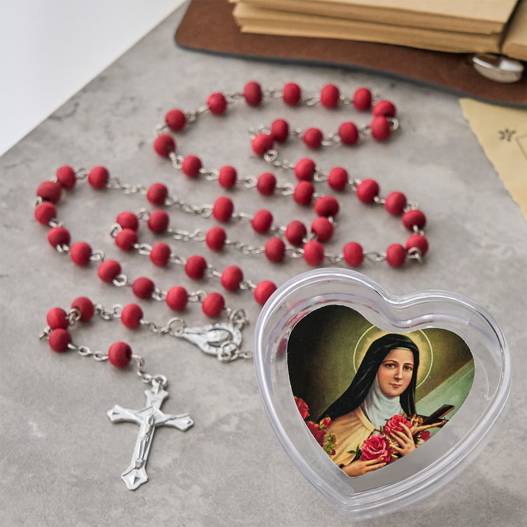 Christianartworkshop Weinroter Rosenkranz mit Unserer Lieben Frau und Kruzifix in herzförmiger Schachtel der Heiligen Therese - image 3
