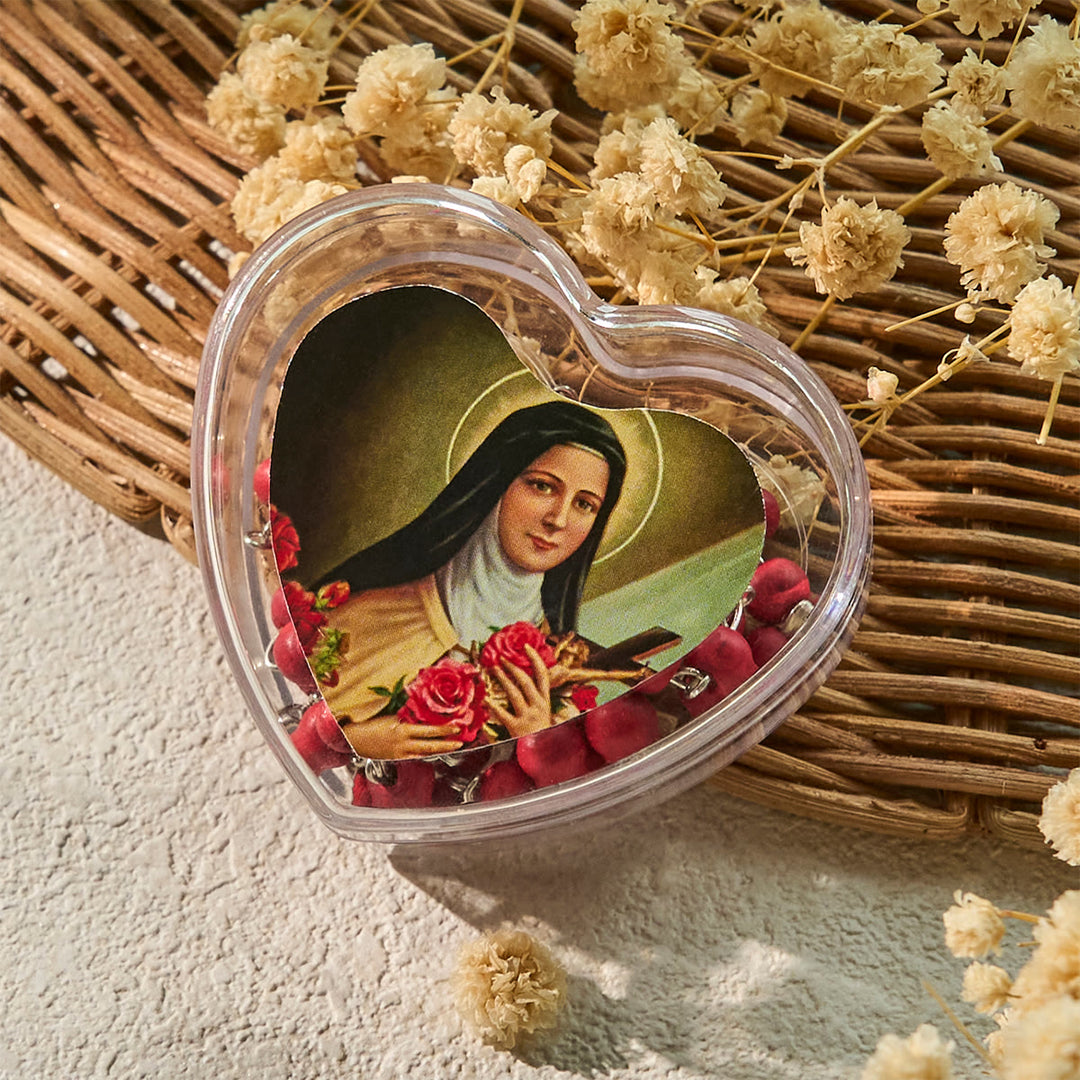 Christianartworkshop Weinroter Rosenkranz mit Unserer Lieben Frau und Kruzifix in herzförmiger Schachtel der Heiligen Therese - image 4