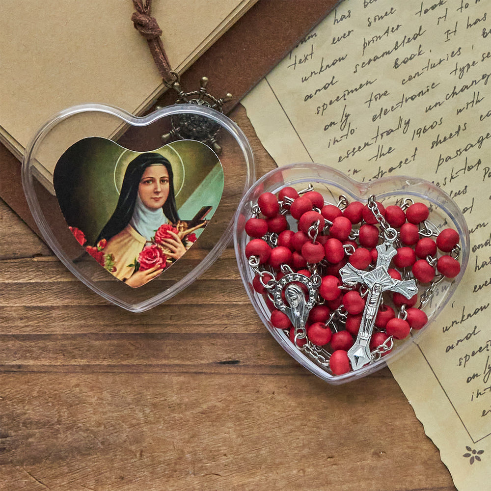 Christianartworkshop Weinroter Rosenkranz mit Unserer Lieben Frau und Kruzifix in herzförmiger Schachtel der Heiligen Therese - image 1