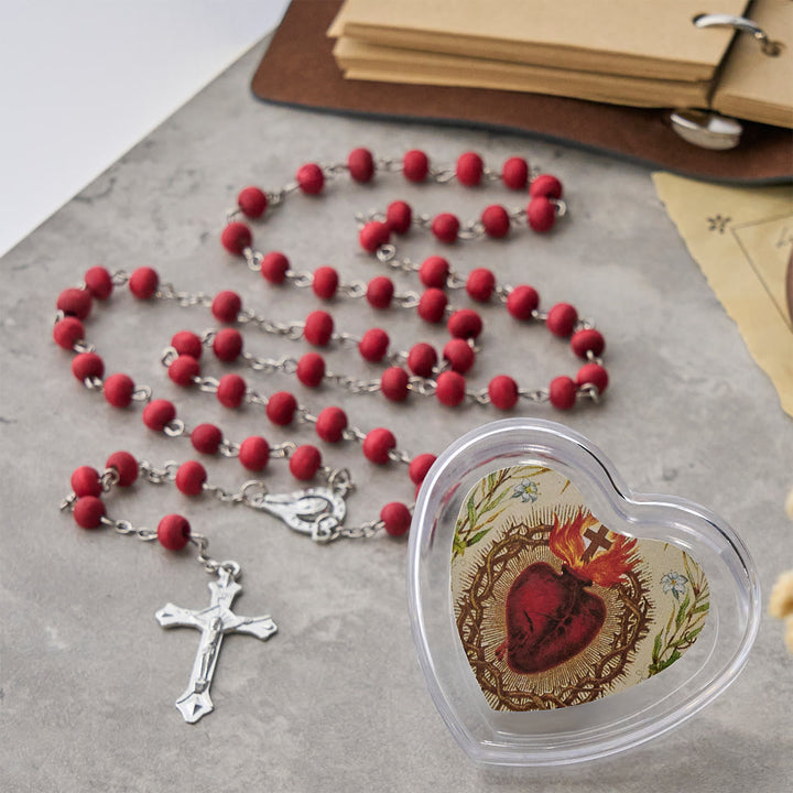 Christianartworkshop Rosenkranz mit runden Perlen in Burgunderrot in einer Schachtel mit dem Heiligen Herzen Jesu - image 3