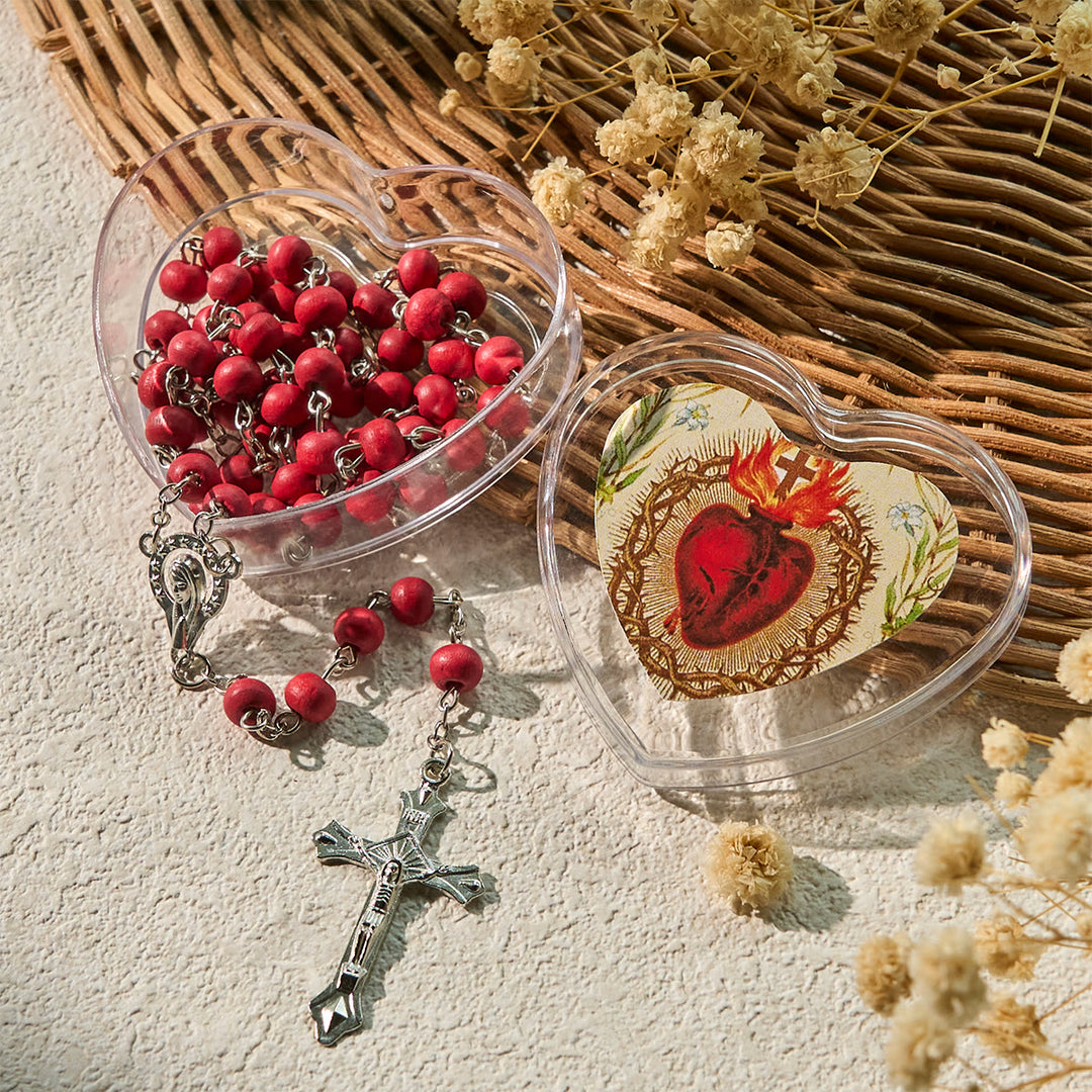 Christianartworkshop Rosenkranz mit runden Perlen in Burgunderrot in einer Schachtel mit dem Heiligen Herzen Jesu - Heiliges Herz & Kruzifix - image 1