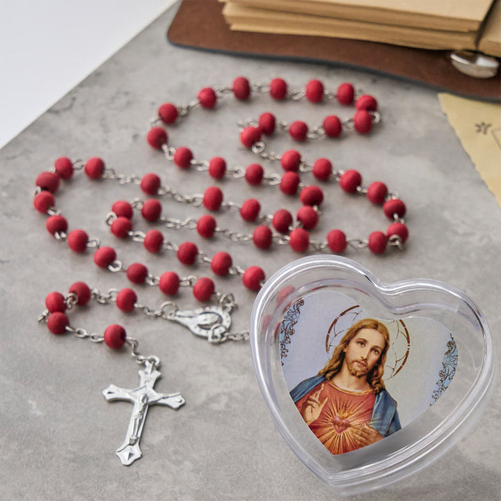 Christianartworkshop Rosenkranz mit weinroten Perlen, Heiliges Herz Jesu, mit herzförmiger Schachtel - image 4
